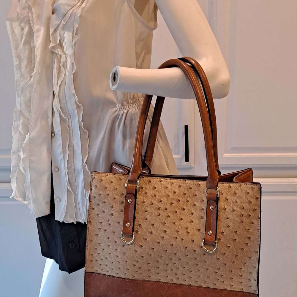 Elegant Brown and Tan Croc Embossed Vegan Leather Tote Bag